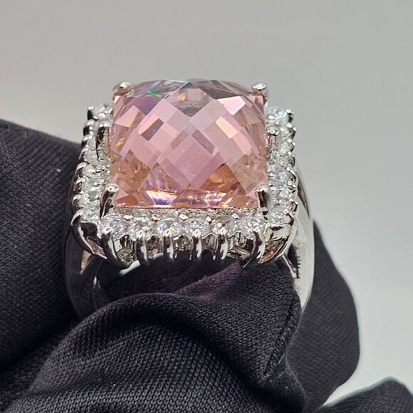 Sterling Silver 925 Rhodium Plated Large Pink CZ Cocktail Ring - Picture 8 of 12